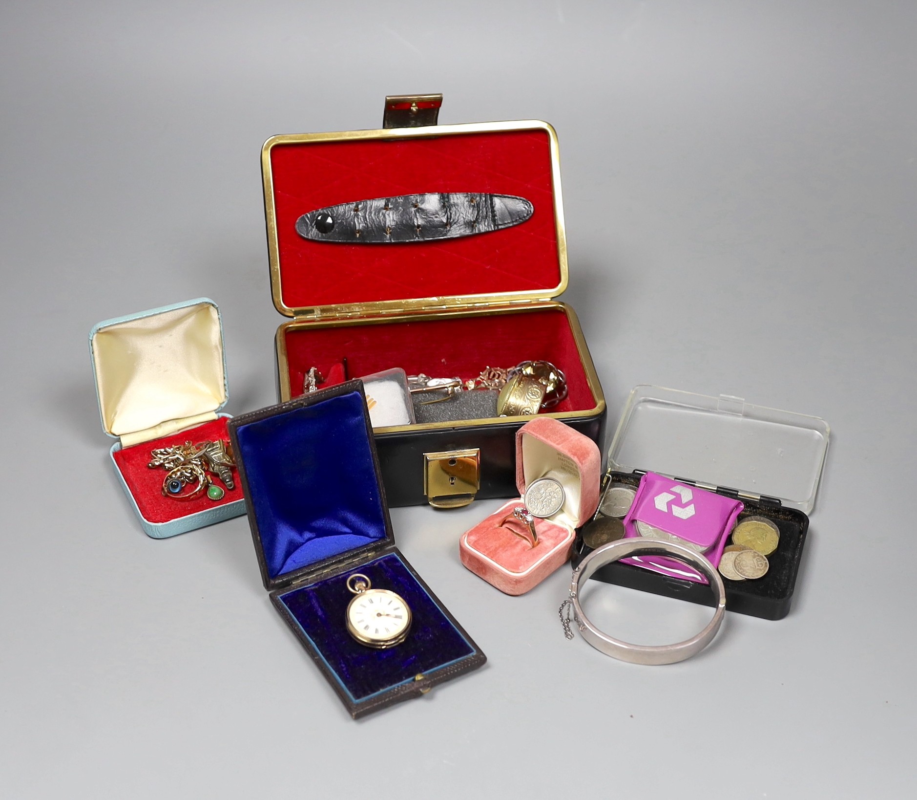 A 9ct gold ruby and diamond three stone ring, size S, a 14K gold fob watch in leather box and sundry semi-precious and costume jewellery